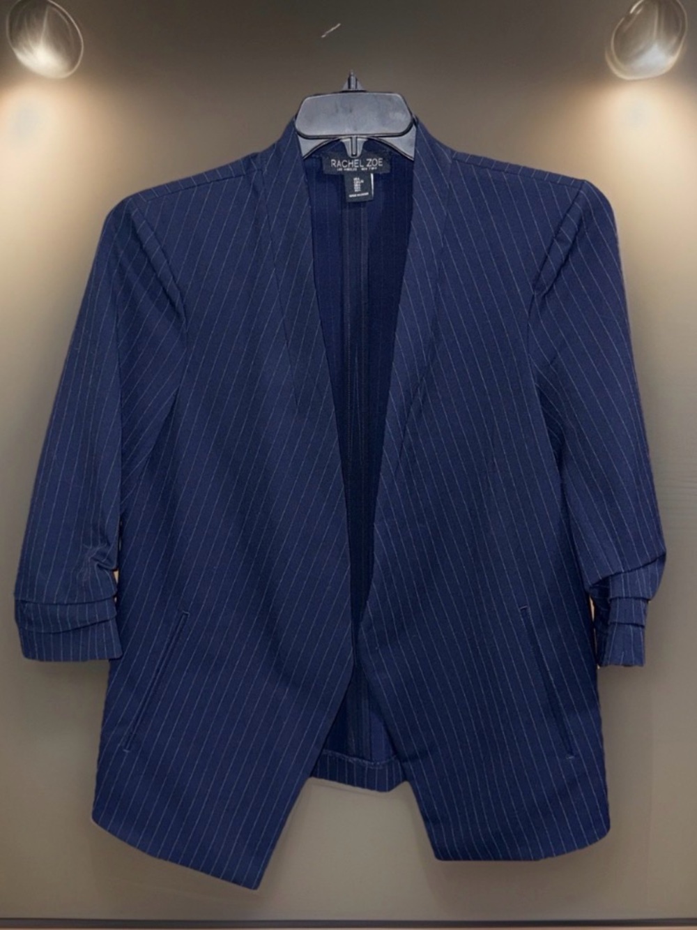Rachel Zoe Pinstripe Open-Front Navy Blazer w/Ruched Sleeves-L-Like New